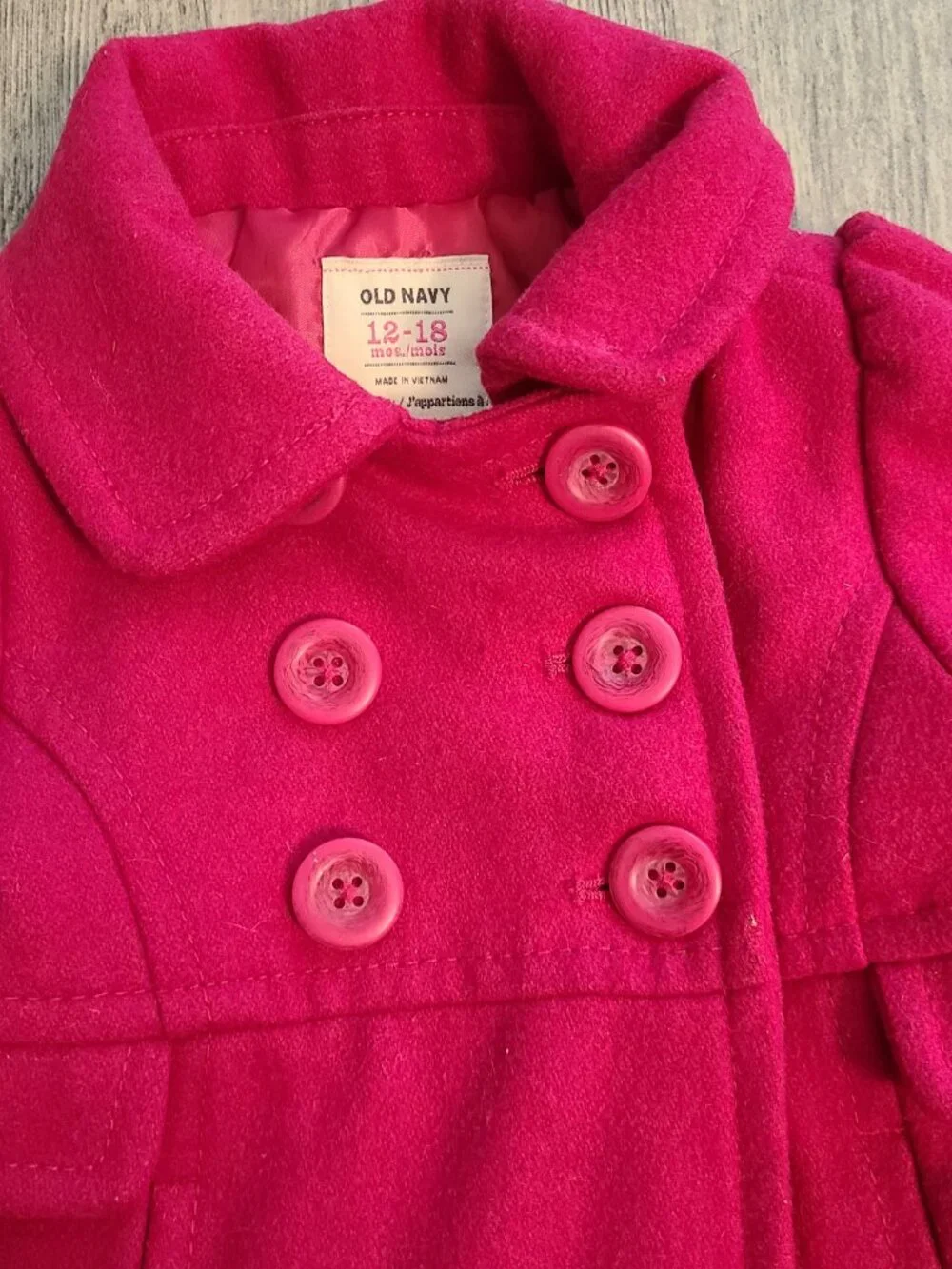 Old Navy Wool Blend Double Breasted Peacoat Fuchsia Pink Baby Girl Size 12-18M